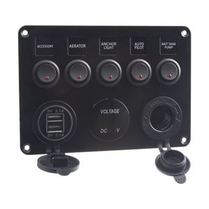 Obrázek z Panel s 5x spínači, CL, voltmetr + 2x USB zásuvka, 12/24V 